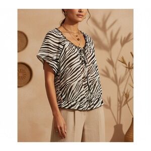 AB‎ Studio XS Top Blouse Black White Tie Neck Sheer Peasant Boho Flowy Mod Retro